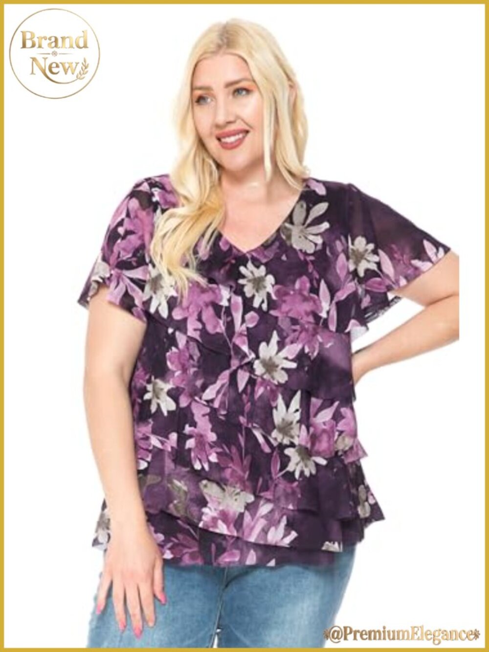 Printed Mesh Ruffle Top V-Neck Asymmetrical Blouse
